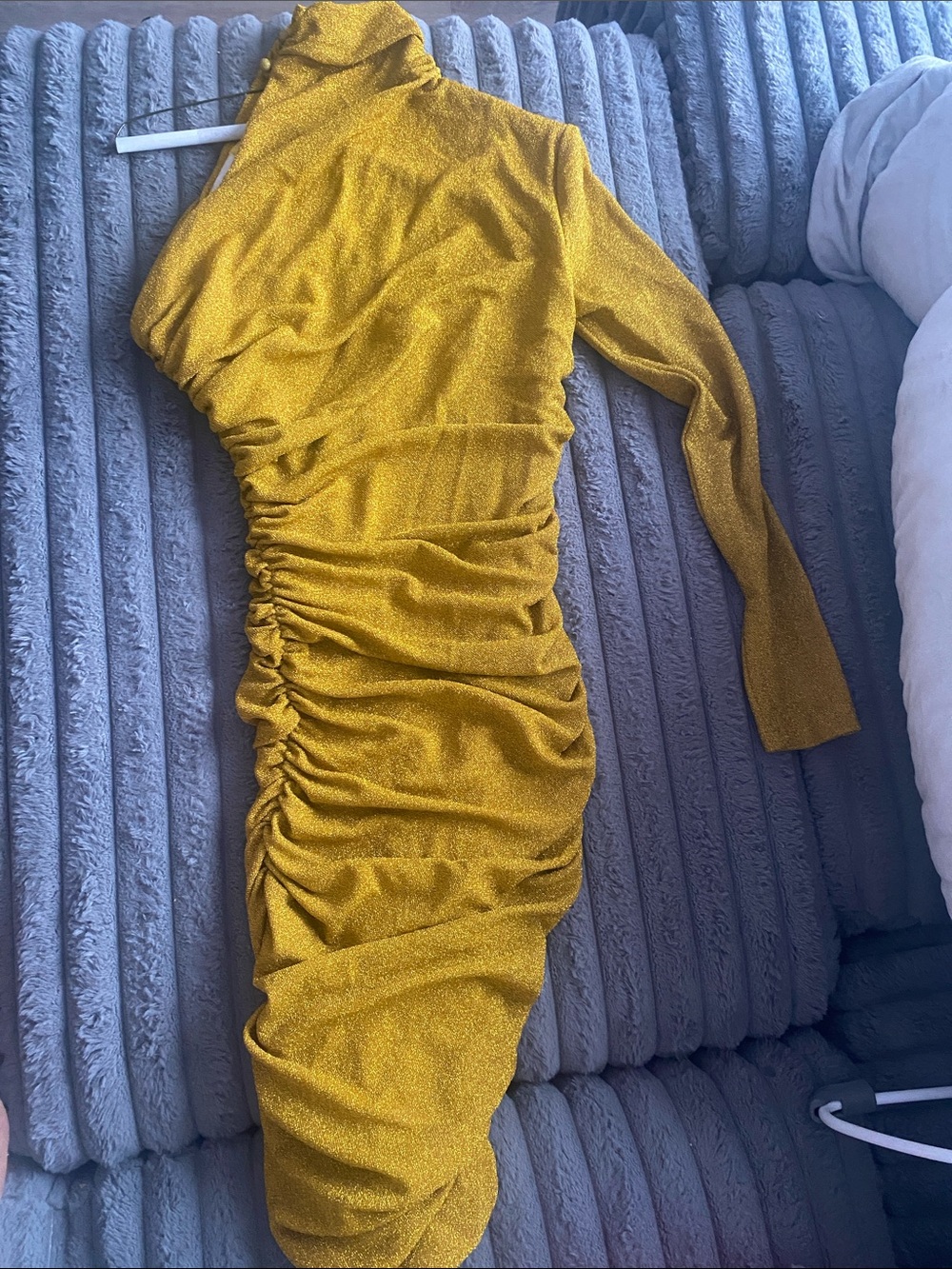 One-Shoulder Metallic Ruched Cocktail Dress in Mustard Yellow